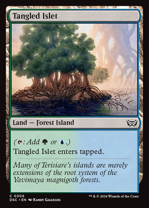 Tangled Islet, carta Magic di tipo Land — Forest Island illustrata da Randy Gallegos