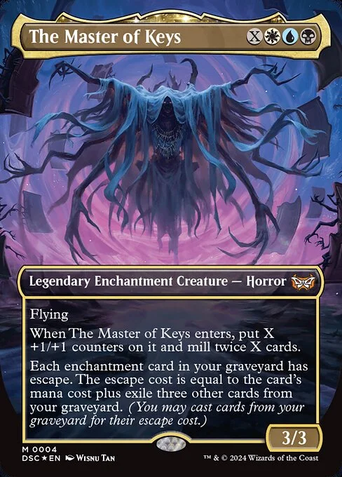 The Master of Keys, carta Magic di tipo Legendary Enchantment Creature — Horror illustrata da Wisnu Tan