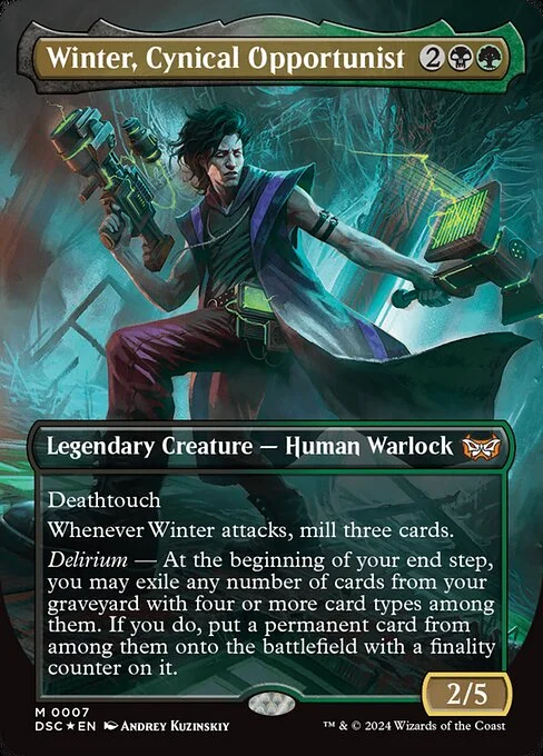 Winter, Cynical Opportunist, carta Magic di tipo Legendary Creature — Human Warlock illustrata da Andrey Kuzinskiy