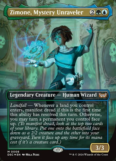 Zimone, Mystery Unraveler, carta Magic di tipo Legendary Creature — Human Wizard illustrata da Mila Pesic