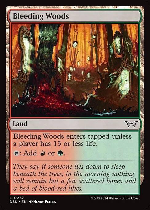 Bleeding Woods, carta Magic di tipo Land illustrata da Henry Peters