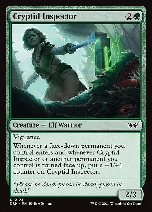 Cryptid Inspector, carta Magic di tipo Creature — Elf Warrior illustrata da Kim Sokol
