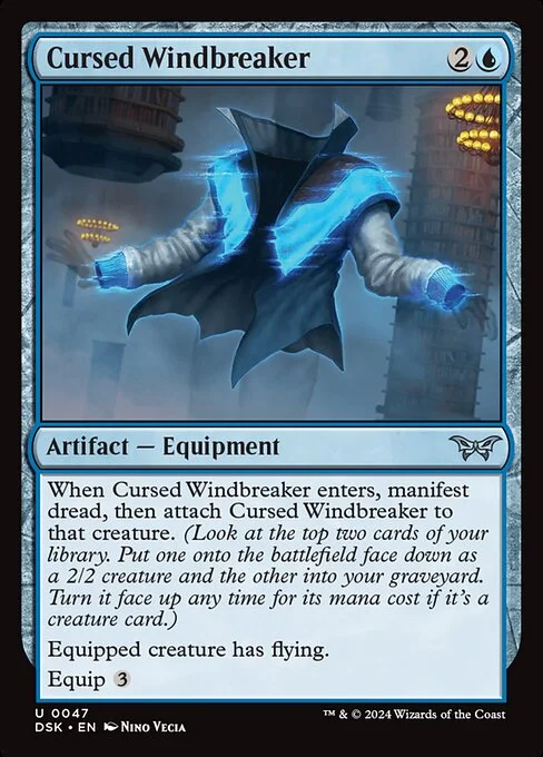 Cursed Windbreaker, carta Magic di tipo Artifact — Equipment illustrata da Nino Vecia