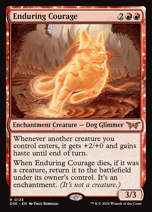 Enduring Courage, carta Magic di tipo Enchantment Creature — Dog Glimmer illustrata da Yigit Koroglu