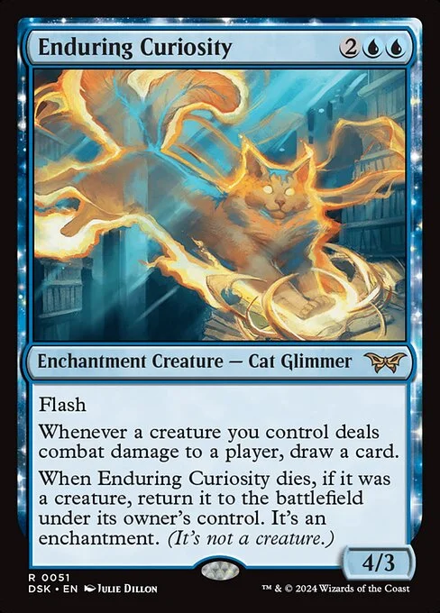 Enduring Curiosity, carta Magic di tipo Enchantment Creature — Cat Glimmer illustrata da Julie Dillon