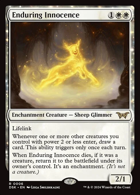Enduring Innocence, carta Magic di tipo Enchantment Creature — Sheep Glimmer illustrata da Liiga Smilshkalne