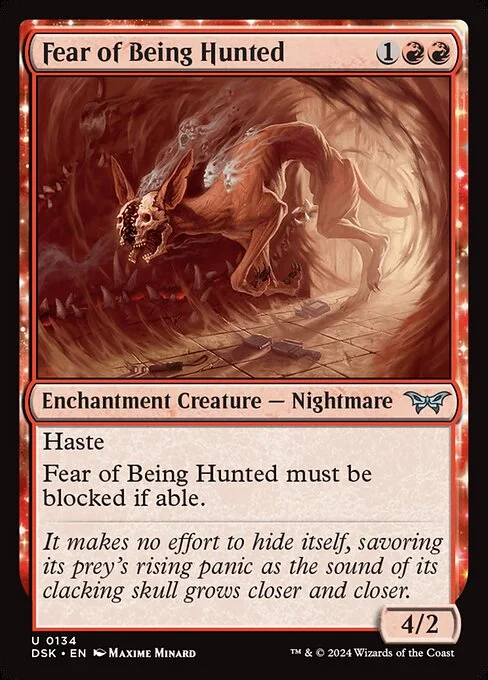 Fear of Being Hunted, carta Magic di tipo Enchantment Creature — Nightmare illustrata da Maxime Minard