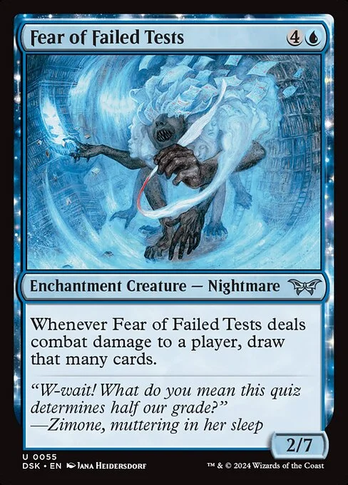 Fear of Failed Tests, carta Magic di tipo Enchantment Creature — Nightmare illustrata da Jana Heidersdorf