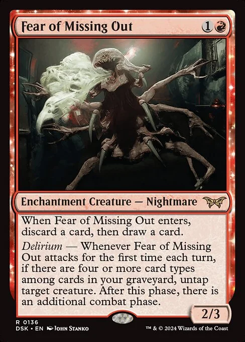 Fear of Missing Out, carta Magic di tipo Enchantment Creature — Nightmare illustrata da John Stanko