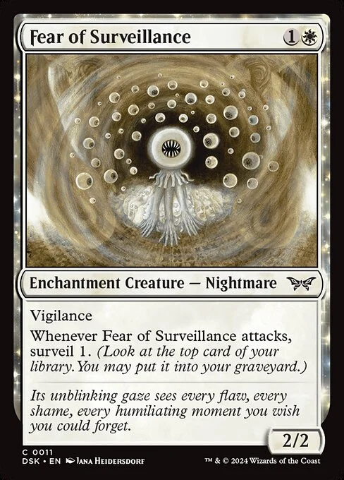 Fear of Surveillance, carta Magic di tipo Enchantment Creature — Nightmare illustrata da Jana Heidersdorf