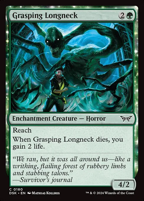 Grasping Longneck, carta Magic di tipo Enchantment Creature — Horror illustrata da Mathias Kollros