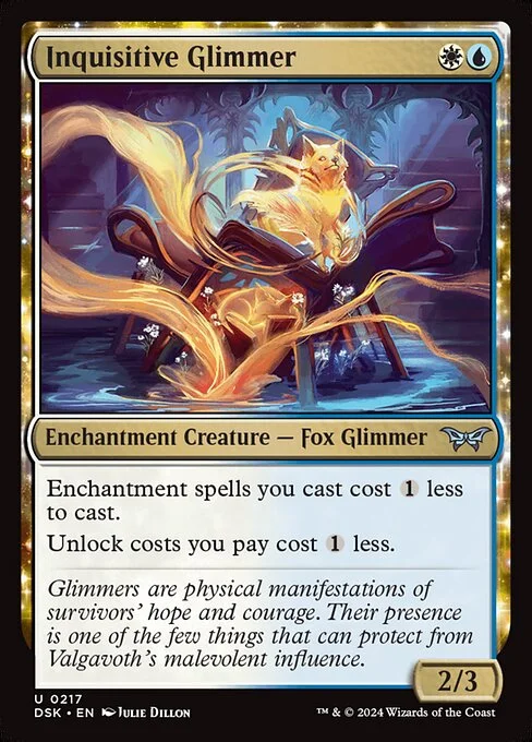 Inquisitive Glimmer, carta Magic di tipo Enchantment Creature — Fox Glimmer illustrata da Julie Dillon