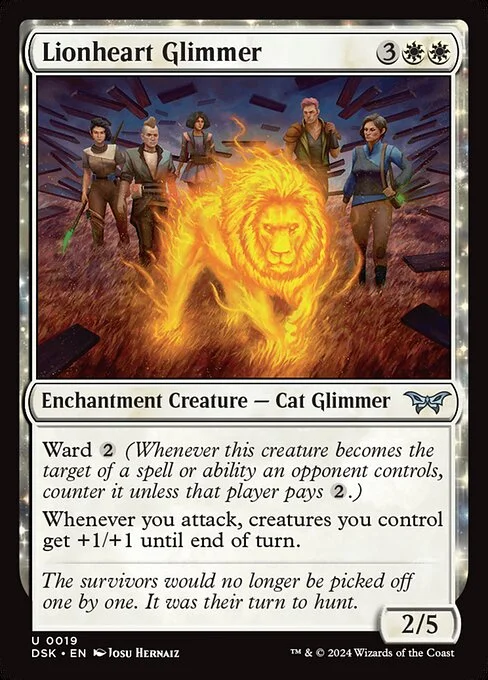 Lionheart Glimmer, carta Magic di tipo Enchantment Creature — Cat Glimmer illustrata da Josu Hernaiz