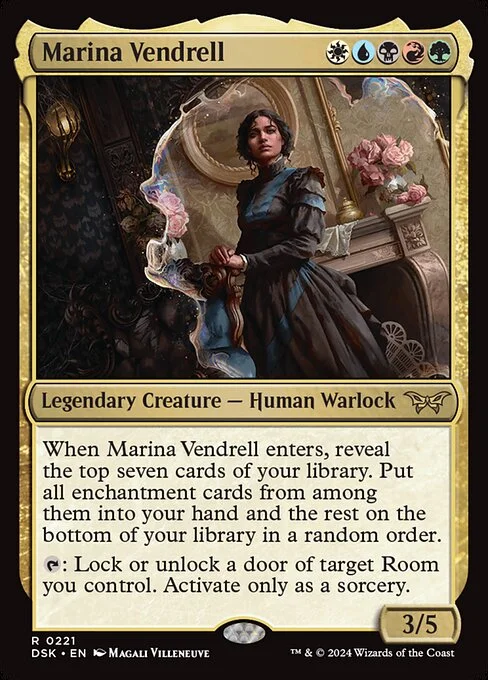 Marina Vendrell, carta Magic di tipo Legendary Creature — Human Warlock illustrata da Magali Villeneuve