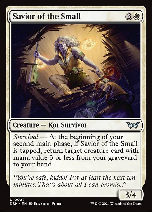 Savior of the Small, carta Magic di tipo Creature — Kor Survivor illustrata da Elizabeth Peiró