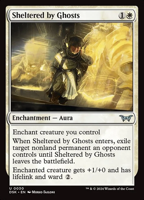 Sheltered by Ghosts, carta Magic di tipo Enchantment — Aura illustrata da Mirko Failoni