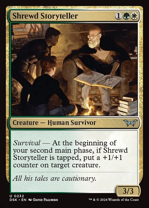 Shrewd Storyteller, carta Magic di tipo Creature — Human Survivor illustrata da David Palumbo
