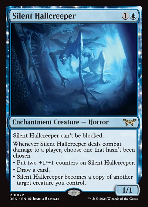Silent Hallcreeper, carta Magic di tipo Enchantment Creature — Horror illustrata da Joshua Raphael
