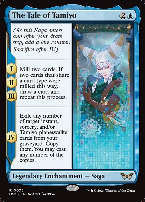 The Tale of Tamiyo, carta Magic di tipo Legendary Enchantment — Saga illustrata da Anna Pavleeva