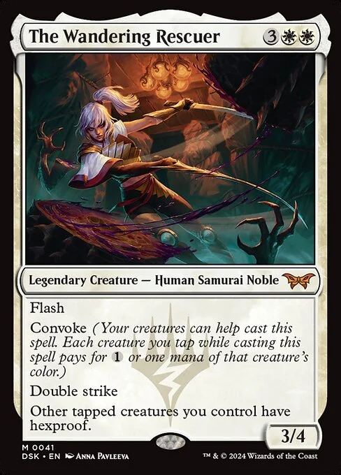 The Wandering Rescuer, carta Magic di tipo Legendary Creature — Human Samurai Noble illustrata da Anna Pavleeva