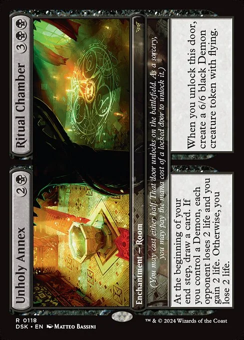Unholy Annex // Ritual Chamber, carta Magic di tipo Enchantment — Room // Enchantment — Room illustrata da Matteo Bassini