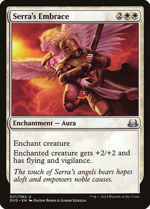Serra's Embrace, carta Magic di tipo Enchantment — Aura illustrata da Zoltan Boros & Gabor Szikszai