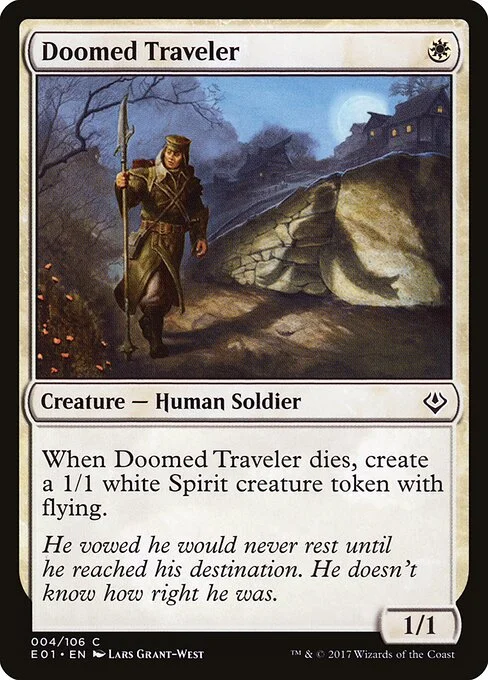 Doomed Traveler, carta Magic di tipo Creature — Human Soldier illustrata da Lars Grant-West