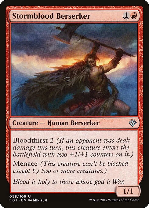 Stormblood Berserker, carta Magic di tipo Creature — Human Berserker illustrata da Min Yum