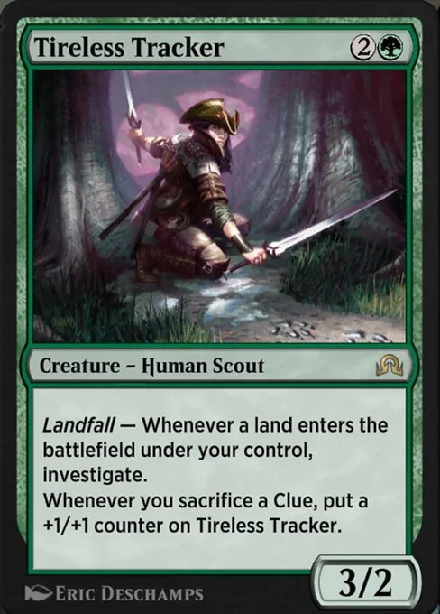 Tireless Tracker, carta Magic di tipo Creature — Human Scout illustrata da Eric Deschamps