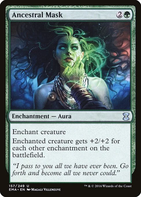 Ancestral Mask, carta Magic di tipo Enchantment — Aura illustrata da Magali Villeneuve