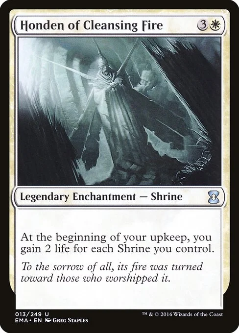 Honden of Cleansing Fire, carta Magic di tipo Legendary Enchantment — Shrine illustrata da Greg Staples