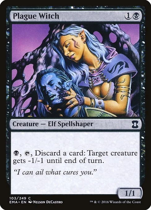 Plague Witch, carta Magic di tipo Creature — Elf Spellshaper illustrata da Nelson DeCastro