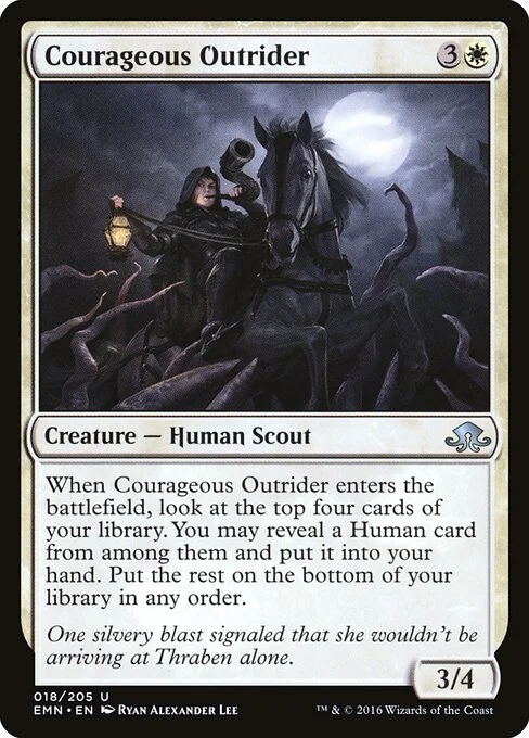 Courageous Outrider, carta Magic di tipo Creature — Human Scout illustrata da Ryan Alexander Lee