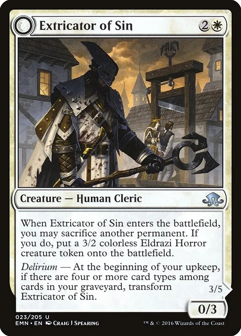Extricator of Sin // Extricator of Flesh, carta Magic di tipo Creature — Human Cleric // Creature — Eldrazi Horror illustrata da Craig J Spearing
