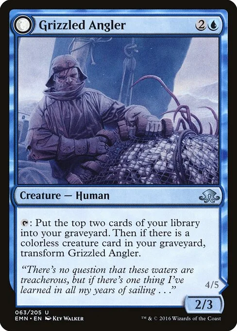 Grizzled Angler // Grisly Anglerfish, carta Magic di tipo Creature — Human // Creature — Eldrazi Fish illustrata da Kev Walker