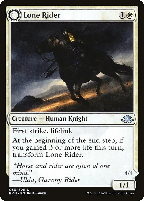 Lone Rider // It That Rides as One, carta Magic di tipo Creature — Human Knight // Creature — Eldrazi Horror illustrata da Daarken