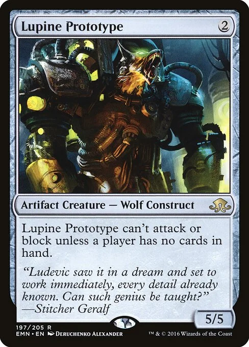 Lupine Prototype, carta Magic di tipo Artifact Creature — Wolf Construct illustrata da Deruchenko Alexander