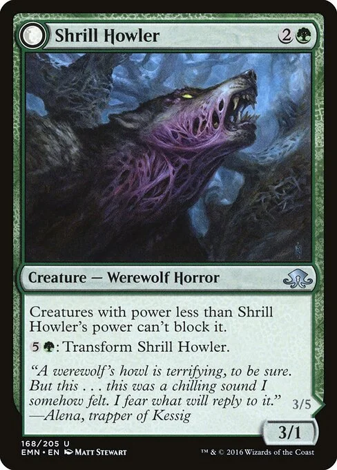 Shrill Howler // Howling Chorus, carta Magic di tipo Creature — Werewolf Horror // Creature — Eldrazi Werewolf illustrata da Matt Stewart
