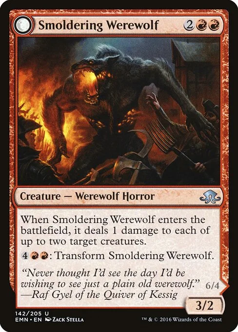 Smoldering Werewolf // Erupting Dreadwolf, carta Magic di tipo Creature — Werewolf Horror // Creature — Eldrazi Werewolf illustrata da Zack Stella
