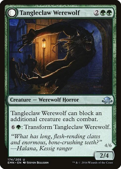 Tangleclaw Werewolf // Fibrous Entangler, carta Magic di tipo Creature — Werewolf Horror // Creature — Eldrazi Werewolf illustrata da Steven Belledin