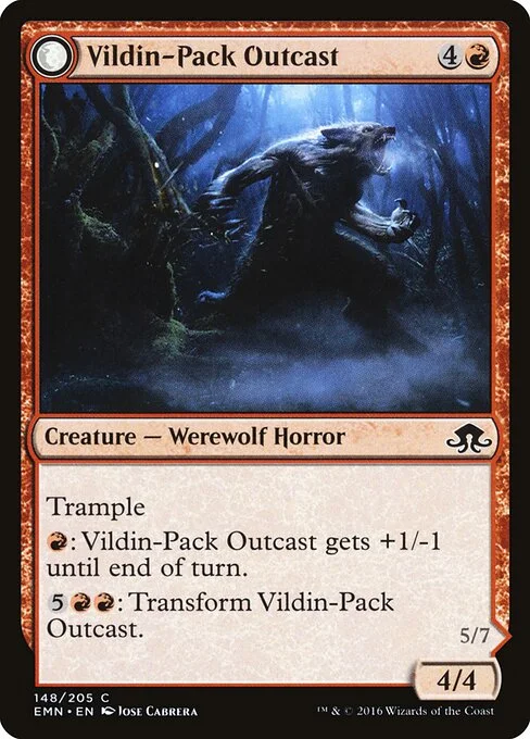 Vildin-Pack Outcast // Dronepack Kindred, carta Magic di tipo Creature — Werewolf Horror // Creature — Eldrazi Werewolf illustrata da Jose Cabrera