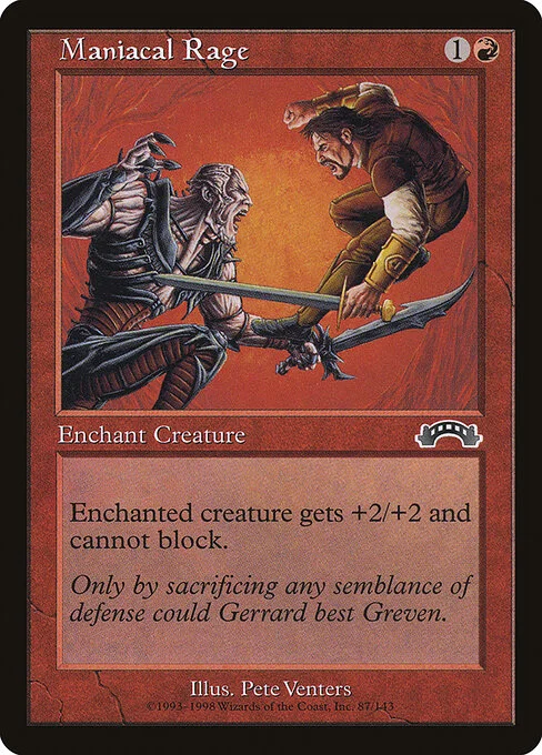 Maniacal Rage, carta Magic di tipo Enchantment — Aura illustrata da Pete Venters