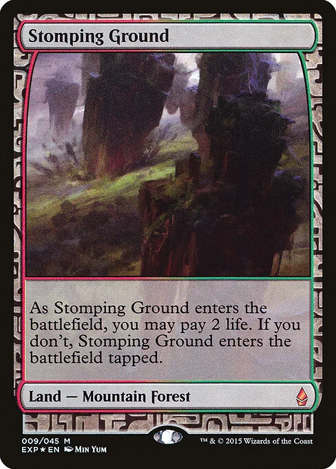 Stomping Ground, carta Magic di tipo Land — Mountain Forest illustrata da Min Yum