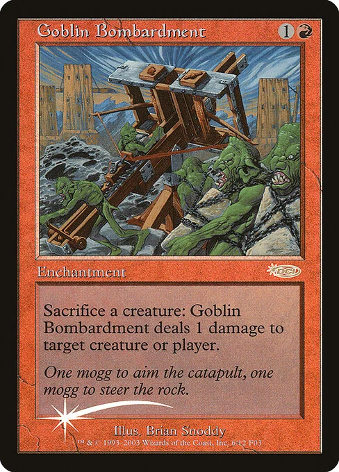 Goblin Bombardment, carta Magic di tipo Enchantment illustrata da Brian Snõddy