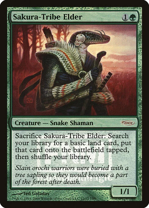 Sakura-Tribe Elder, carta Magic di tipo Creature — Snake Shaman illustrata da Ted Galaday