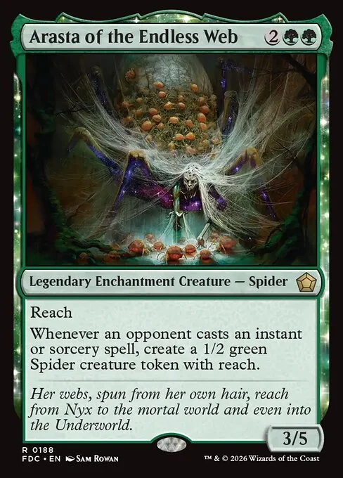 Arasta of the Endless Web, carta Magic di tipo Legendary Enchantment Creature — Spider illustrata da Sam Rowan