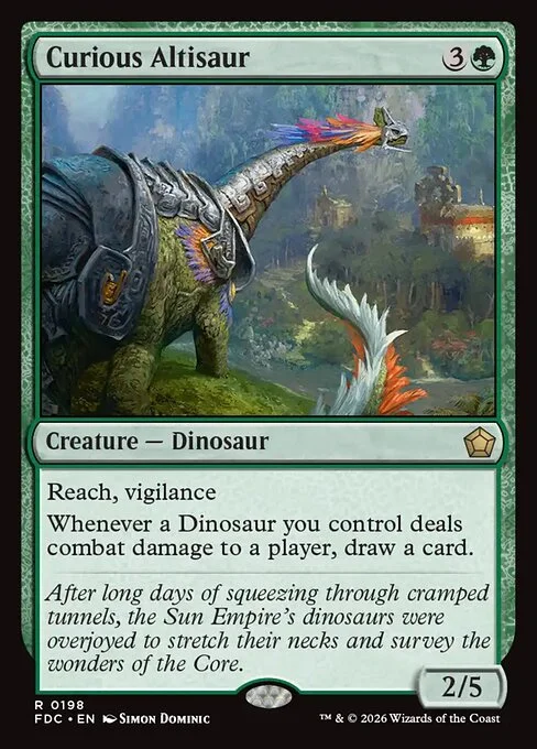 Curious Altisaur, carta Magic di tipo Creature — Dinosaur illustrata da Simon Dominic