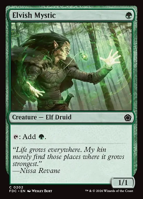 Elvish Mystic, carta Magic di tipo Creature — Elf Druid illustrata da Wesley Burt