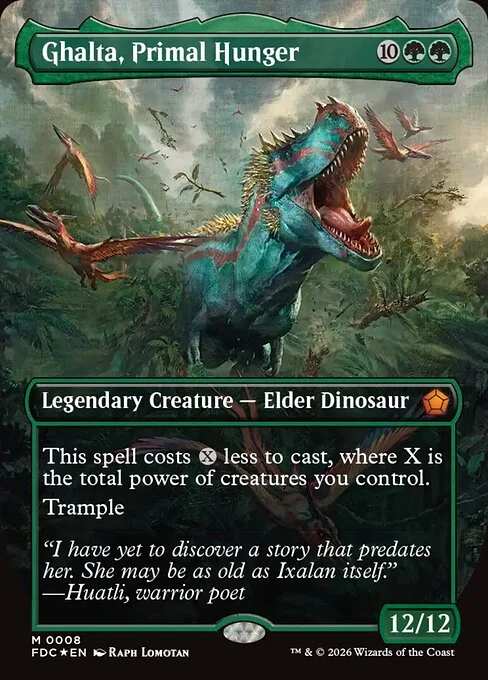 Ghalta, Primal Hunger, carta Magic di tipo Legendary Creature — Elder Dinosaur illustrata da Raph Lomotan