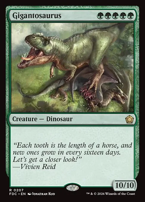 Gigantosaurus, carta Magic di tipo Creature — Dinosaur illustrata da Jonathan Kuo